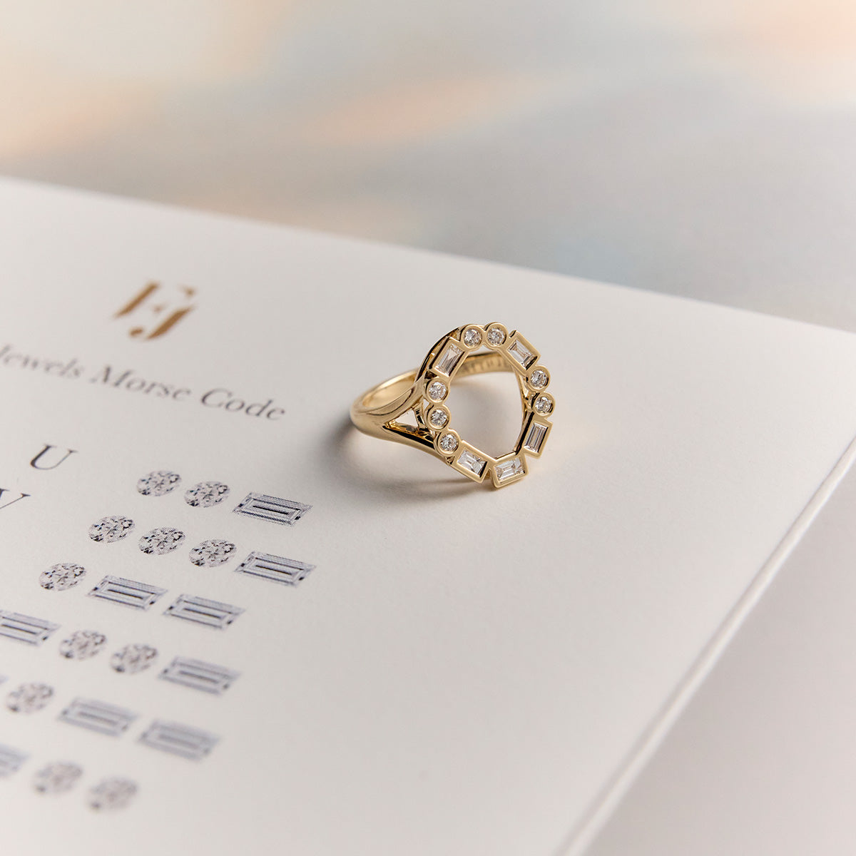 Morse Code LOVE pinky ring in 14k yellow gold, oval diamond design, baguette and round diamonds, delicate symbolic jewellery