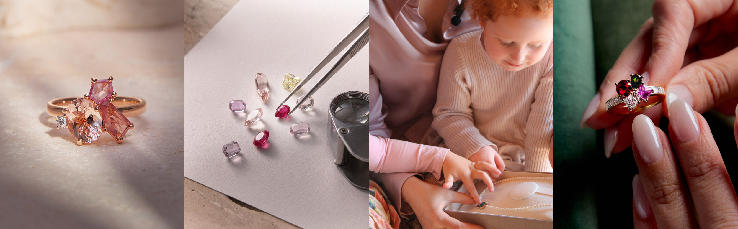 Banner with 4 images, a bespoke ring, coloured gemstones and a child admiring mum's jewellery, and hands holding a ring with green background