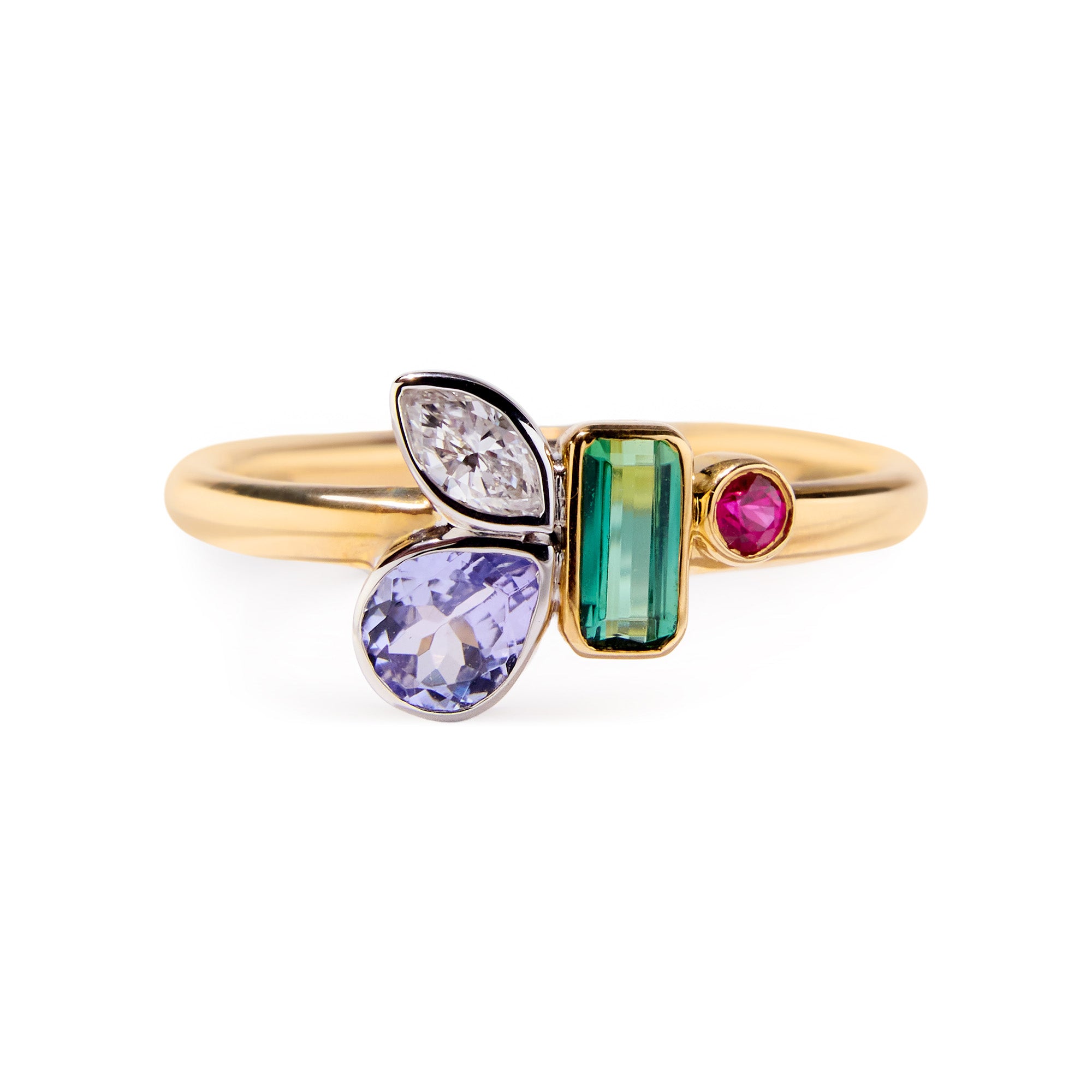 Birthstone bouquet ring with green tourmaline, amethyst, diamond and ruby cluster