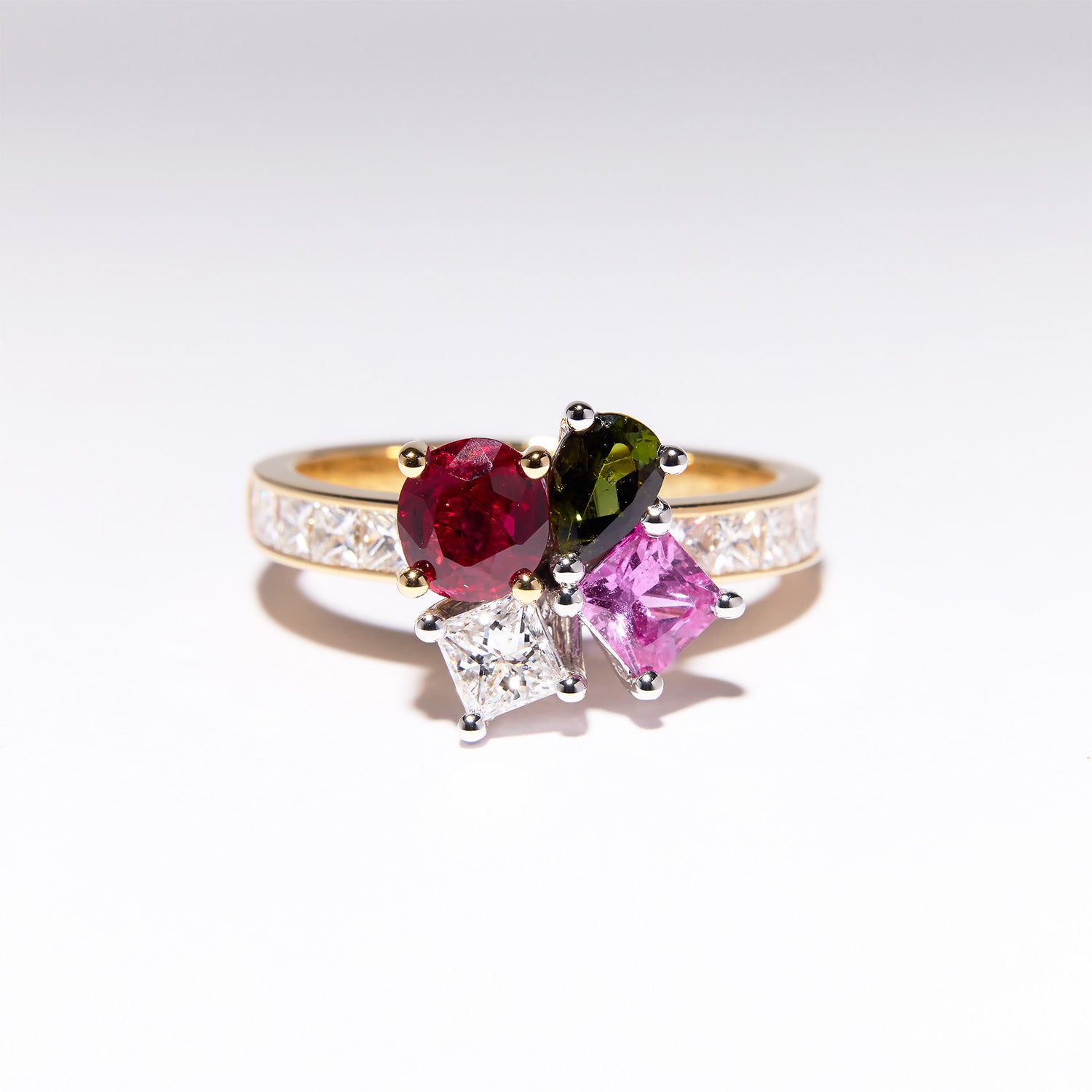 18k yellow gold bouquet ring with Burmese ruby, pink sapphire, green tourmaline and diamonds