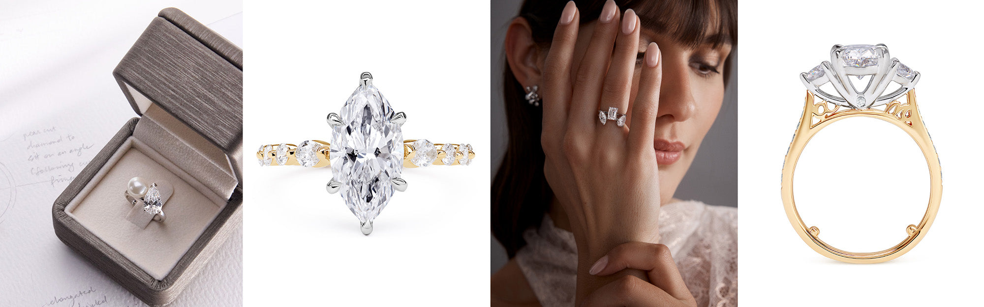 Collage of engagement diamond rings including one in a box, another on a hand and on plain background.
