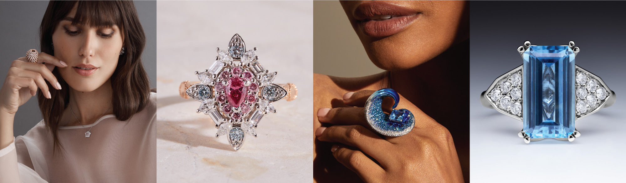 Faith Jewels bespoke fine jewellery — Lady Anne Dome ring, pink argyle diamond masterpiece ring, FJ Wave ring and blue topaz diamond masterpiece ring, Melbourne jeweller