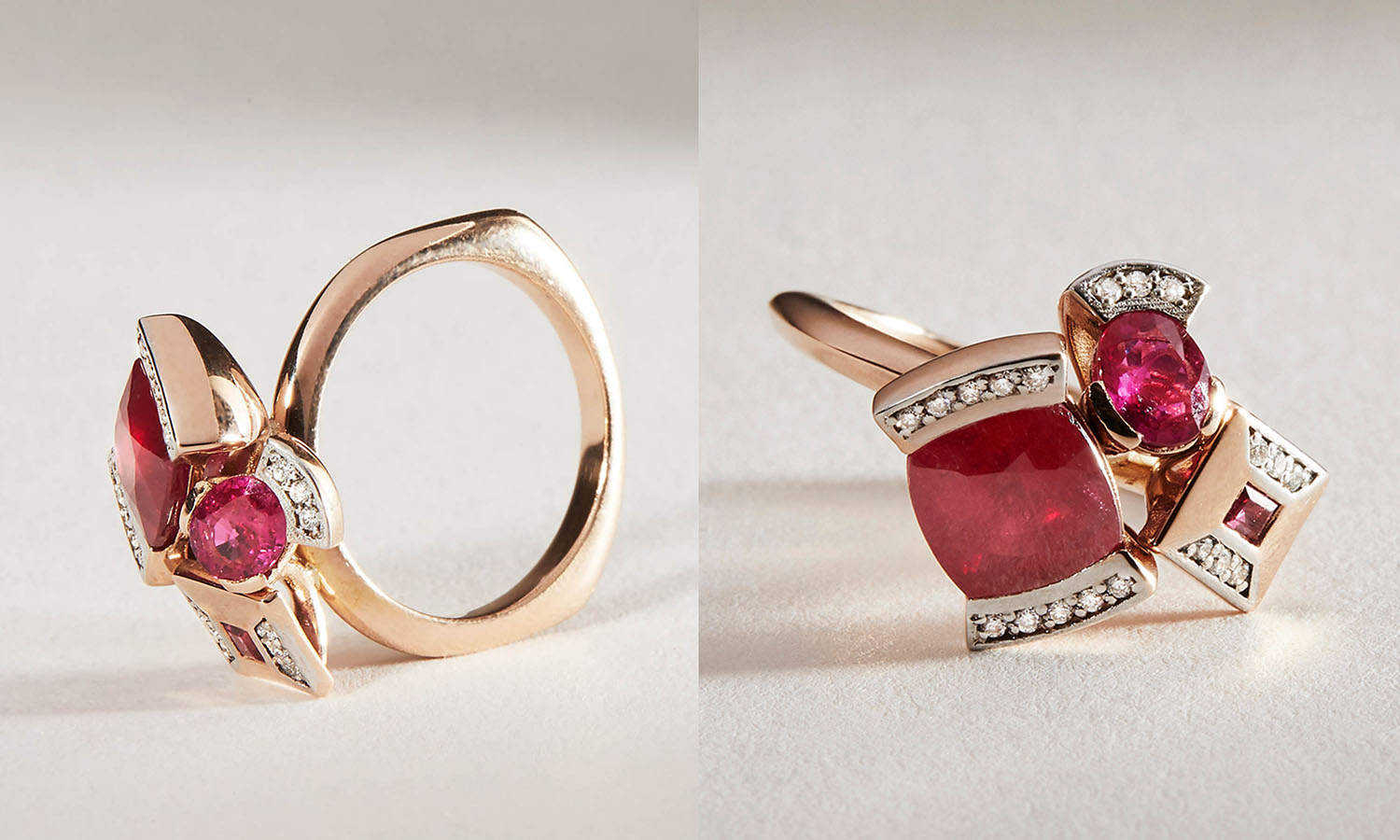 From the Bouquet Collection, the July Birthstone Bouquet Ring in Ruby is our luxurious interpretation of a modern floral arrangement, birthstone of July