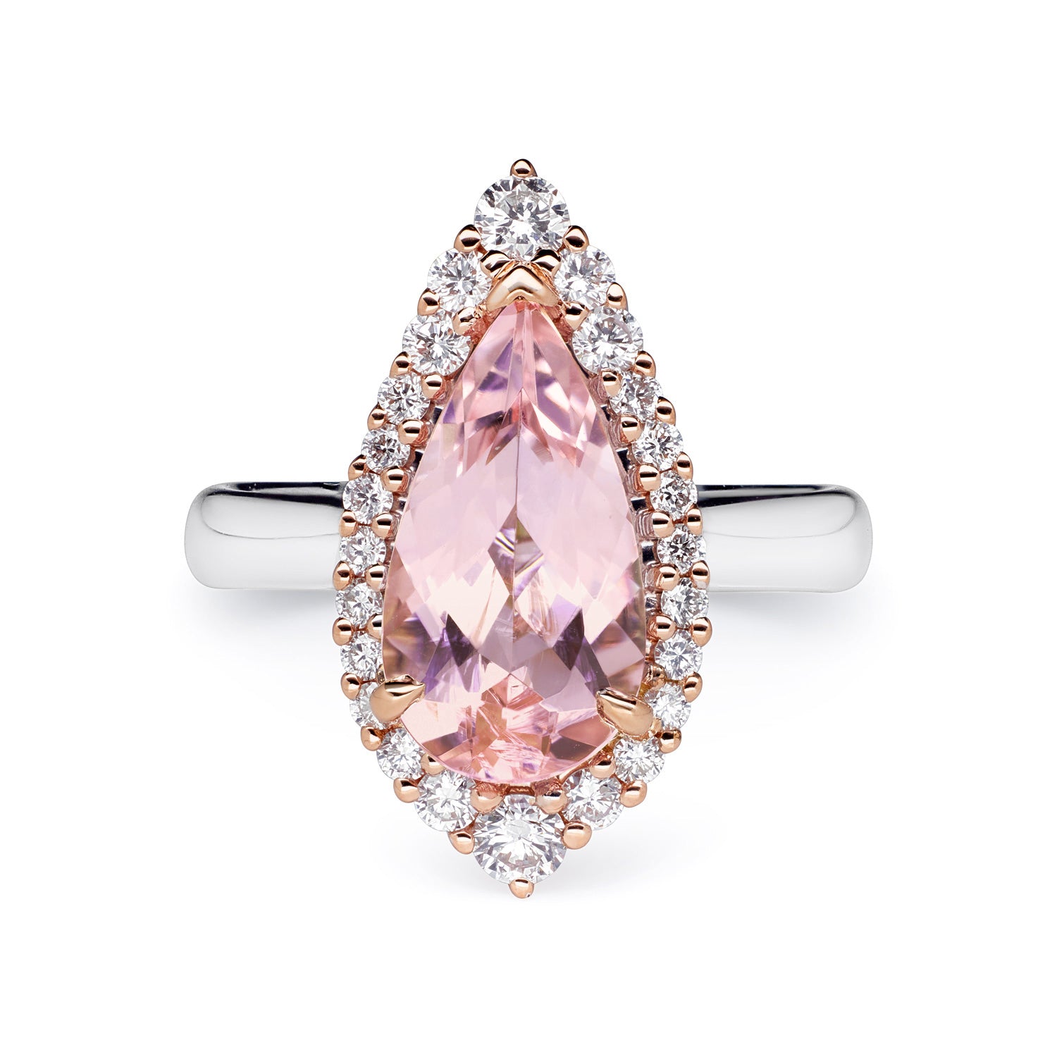 Faith Jewels Adeline Morganite ring featuring a 1.81 carat pear-cut Morganite framed by a halo of 24 brilliant-cut diamonds, set in 18k rose and white gold