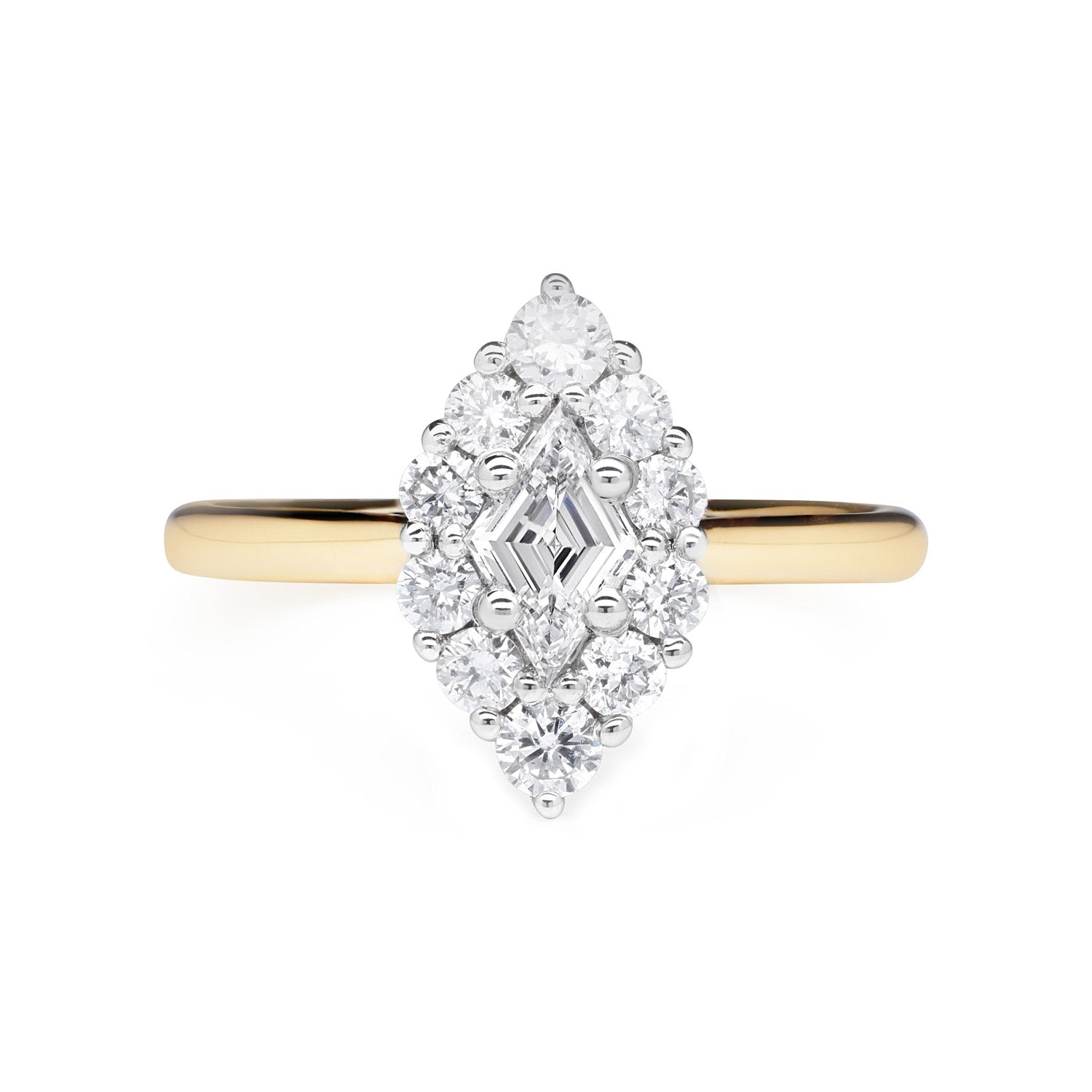 Faith Jewels Adeline Diamond Ring featuring a 0.29ct lozenge step-cut D colour diamond with a halo of round white diamonds, set in 18k white and yellow gold