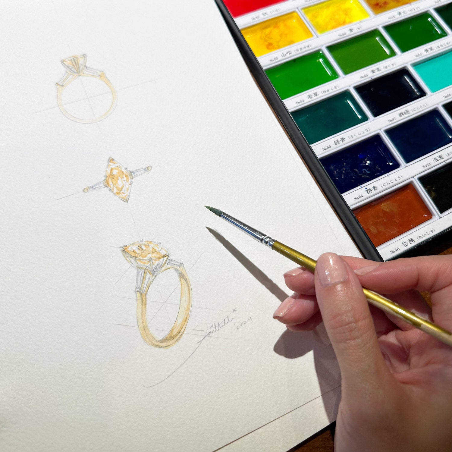 Painting of our hand-sketched Faith Jewels Aimee diamond ring