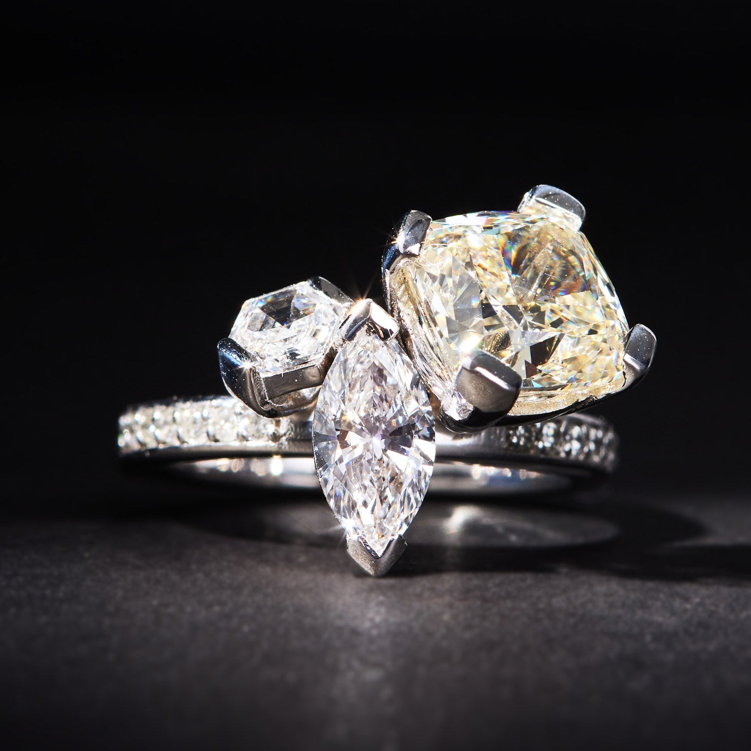 Faith Jewels Diamond Bouquet ring featuring hexagonal, marquise, and cushion-cut multi-coloured diamonds arranged like a stylised floral bouquet