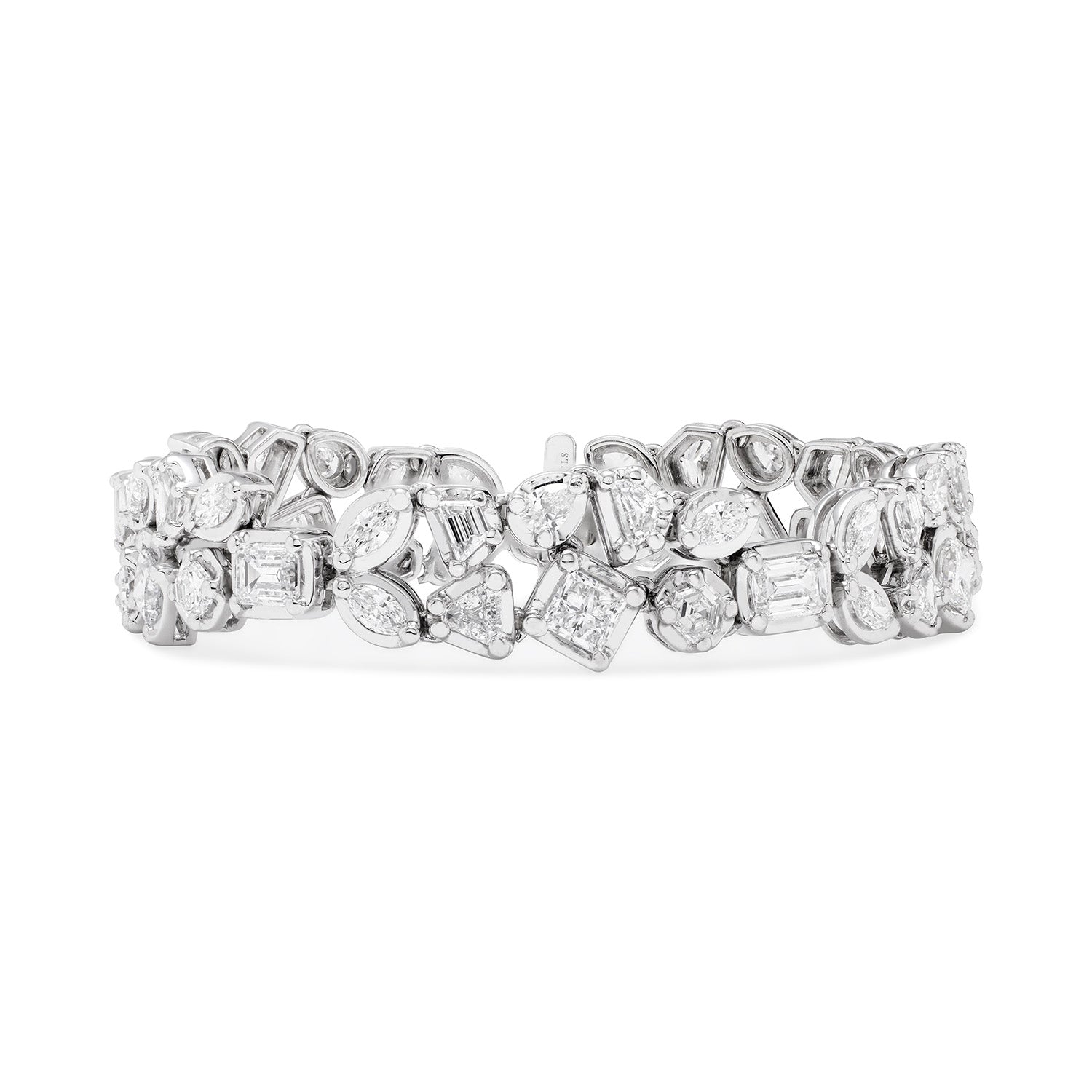 Faith Jewels Bouquet Diamond Bracelet featuring a mix of Marquis, Pear, Hexagon, Shield, Trapezoid, Epaulette, Emerald, and Princess-cut diamonds totaling 10.10 carats