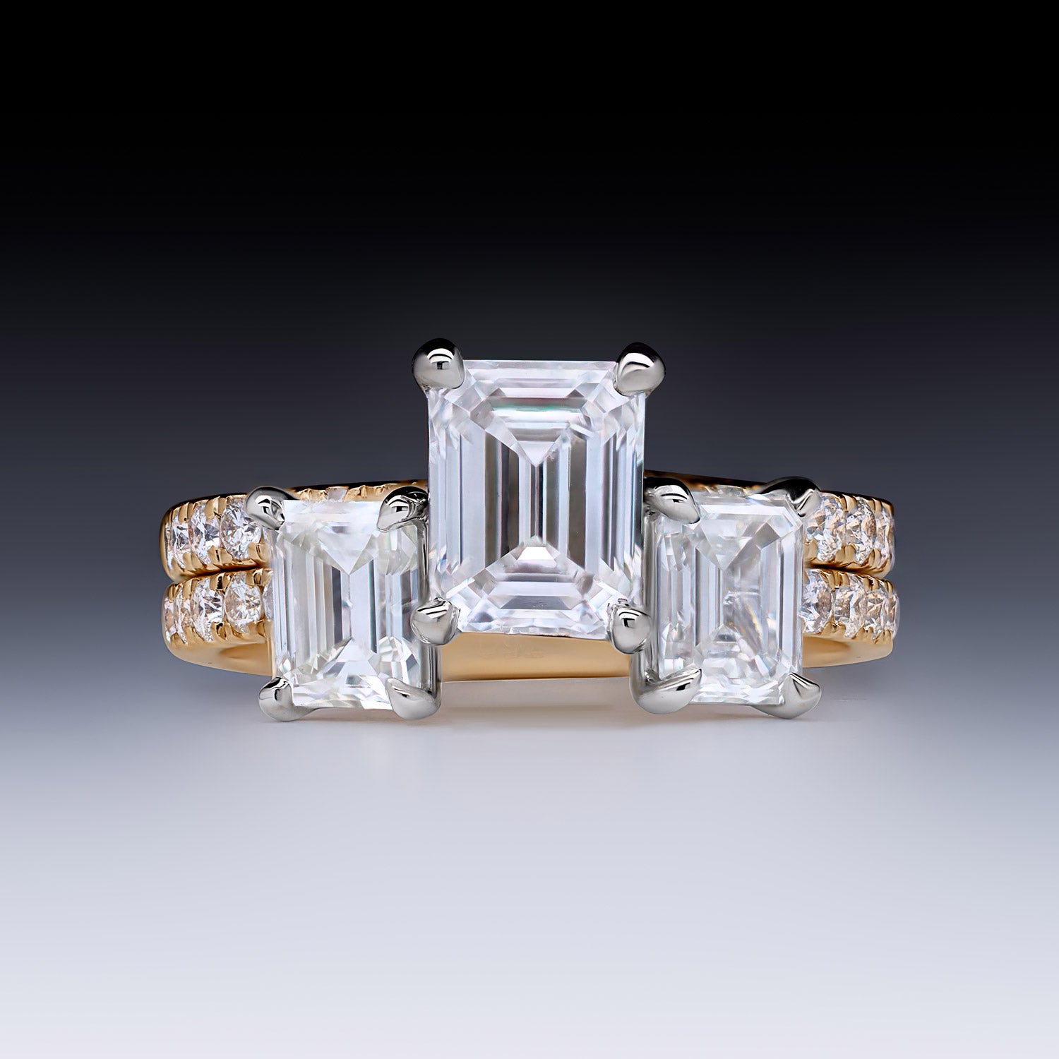 Faith Jewels Bespoke ring set featuring emerald-cut diamonds in interlocking 18k diamond- set yellow gold bands, redesigned in the signature Duet style