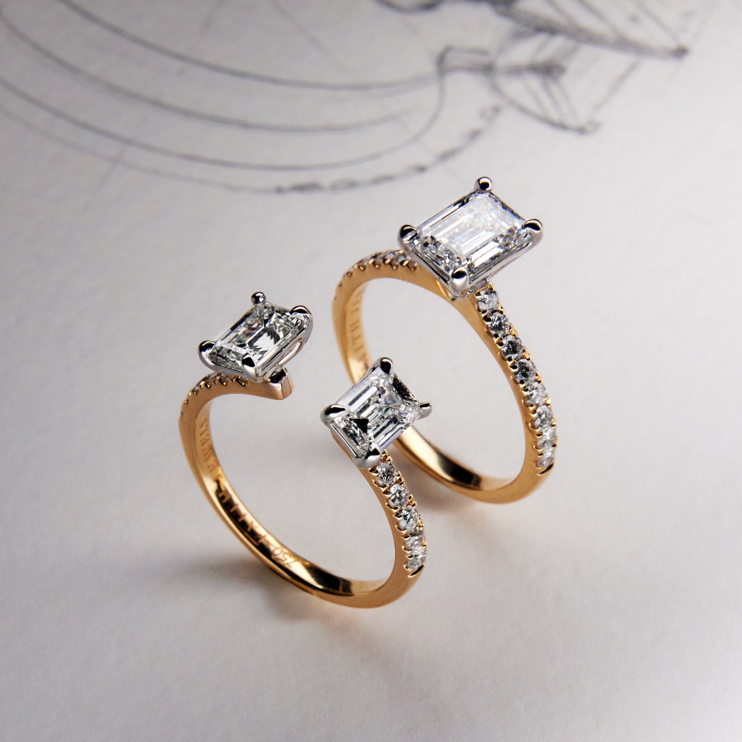 Faith Jewels Bespoke ring set featuring emerald-cut diamonds in interlocking 18k diamond- set yellow gold bands, redesigned in the signature Duet style