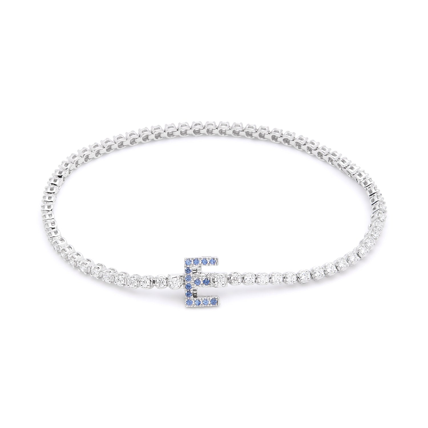 Faith Jewels bespoke initial diamond tennis bracelets in white gold, each featuring a unique clasp shaped as a letter E — set with round brilliant-cut diamonds and blue sapphire