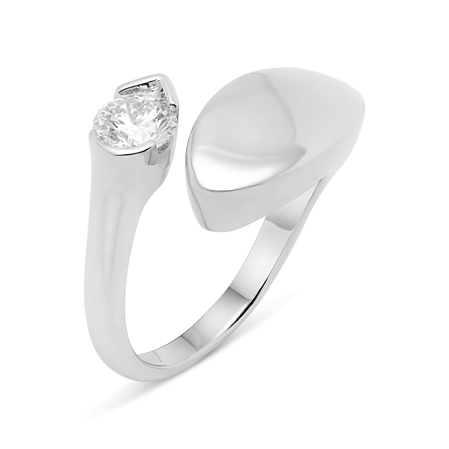 White gold ring with oval diamond and polished curved band, angled view