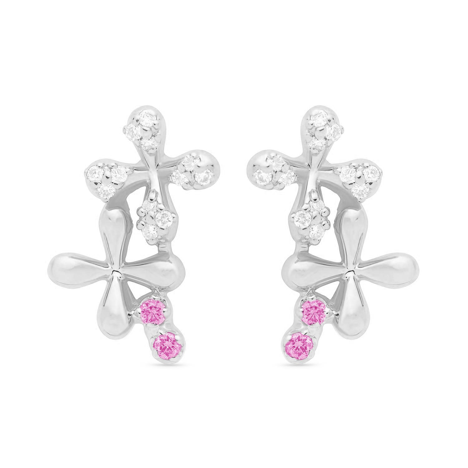 Wildflowers Collection Medium Pink Sapphire Stud Earrings with diamonds, and pink sapphires, 18k white gold, delicate floral motif.
