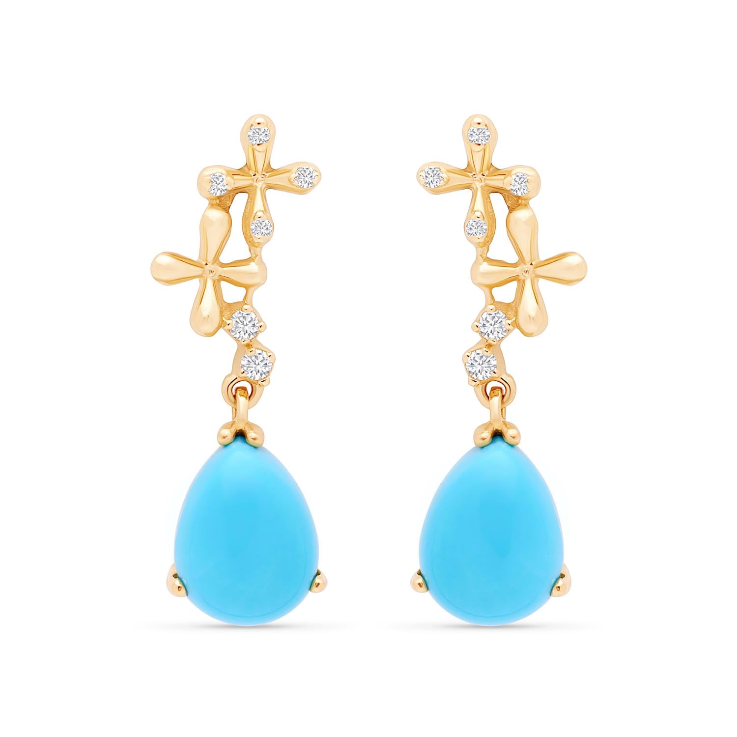 Wildflowers Turquoise & Diamond Drop Earrings - Yellow Gold