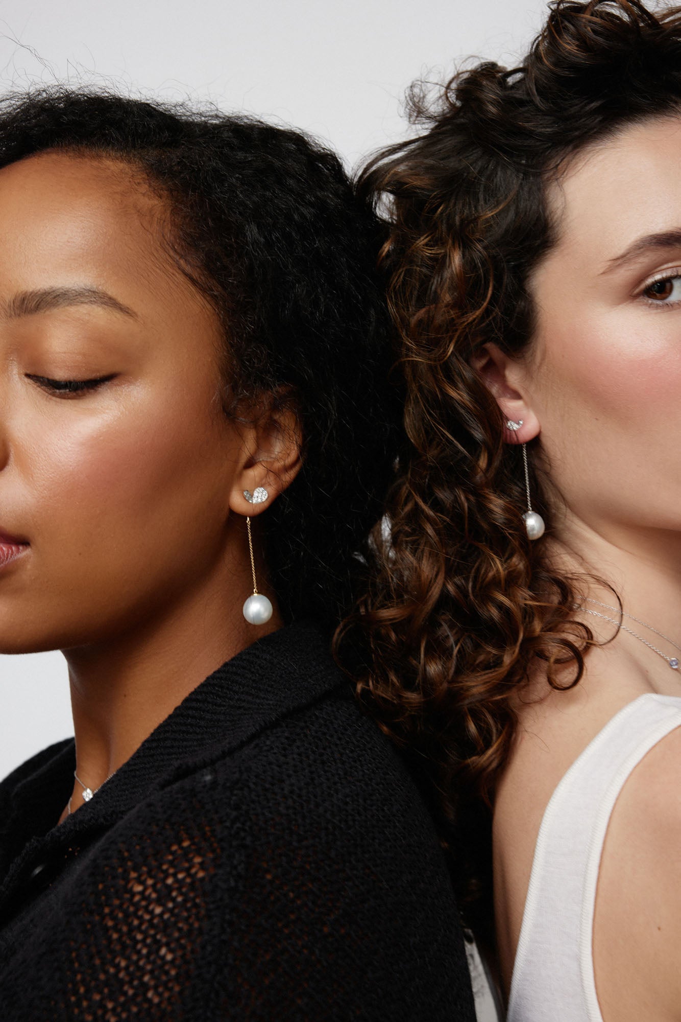 Faith Jewels south Sea pearl drop enhancers on delicate 18k white and yellow gold chains, paired with stud earrings