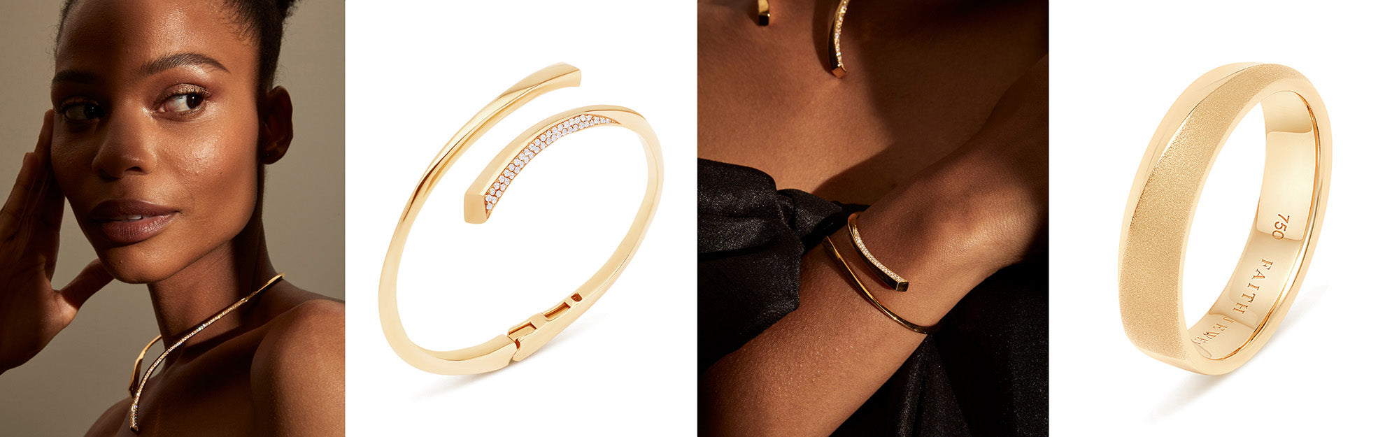 Yellow gold rings, bangle and necklace in twist design with pave diamonds on model