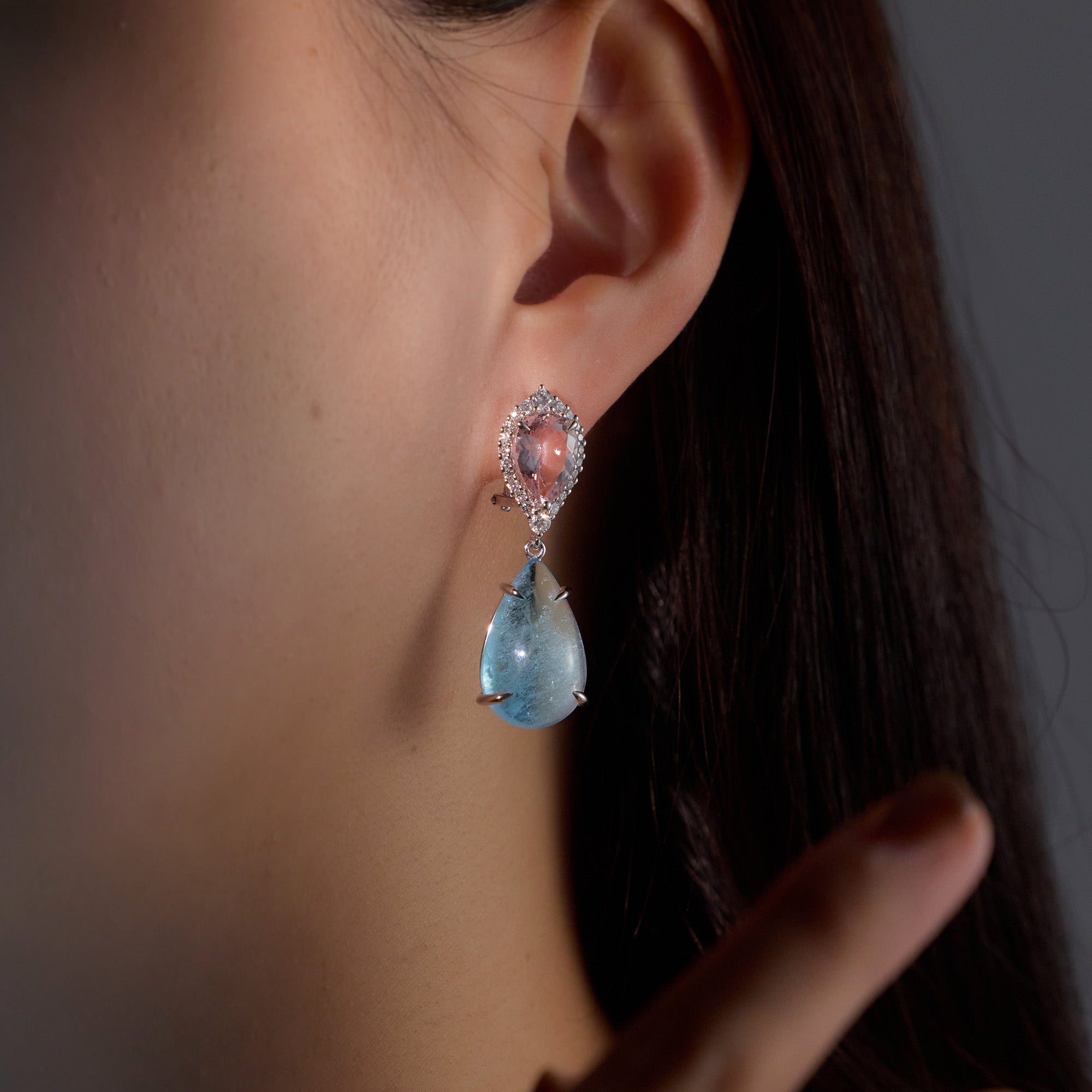 Morganite & Aquamarine Drop Earrings in 14k white gold with diamond halos, featuring pear-shaped gemstones in blush and ocean blue.