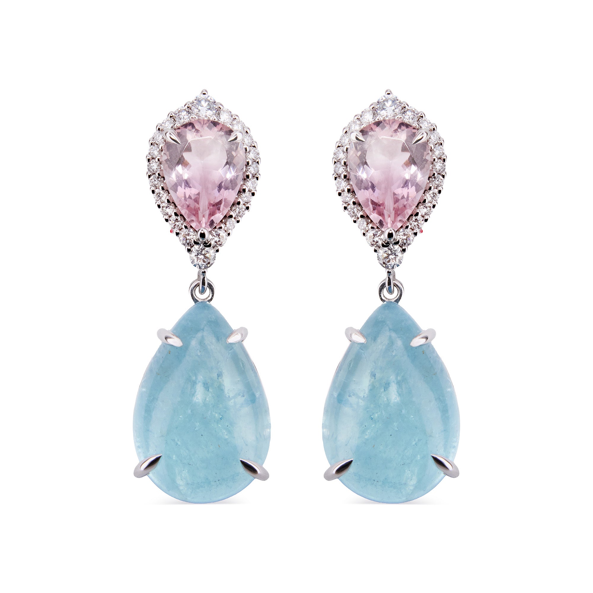 Morganite & Aquamarine Drop Earrings in 14k white gold with diamond halos, featuring pear-shaped gemstones in blush and ocean blue.