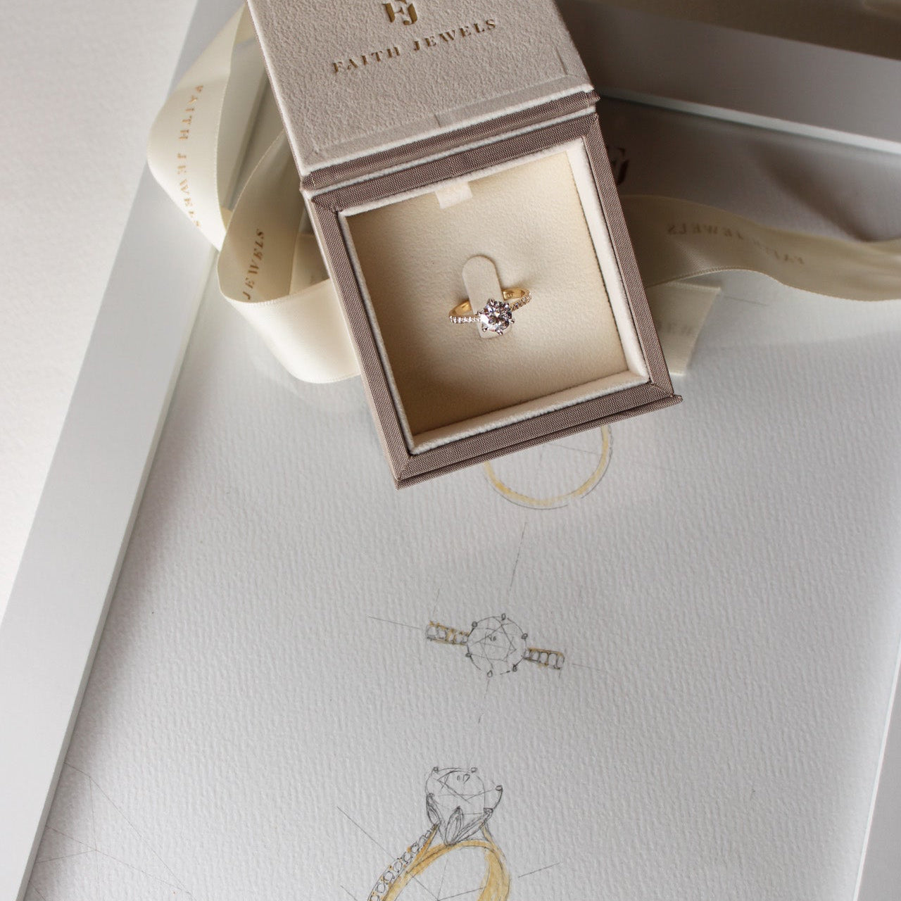 Yellow gold Clarissa solitaire engagement ring with 1.51ct diamond, pavé band, and Faith Hilda’s signature petal claw design.