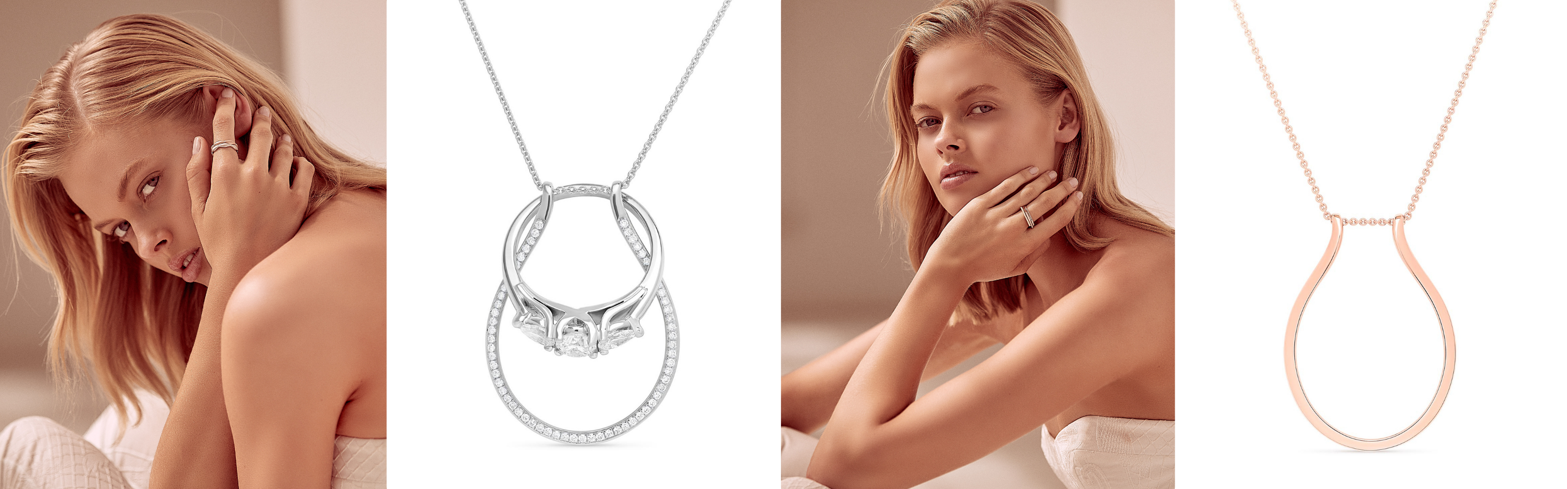 Faith Jewels 18k rose and white gold ring holder necklace with 0.50ct natural diamonds, featuring a dual-length trace chain and functional pendant for securing a diamond engagement ring
