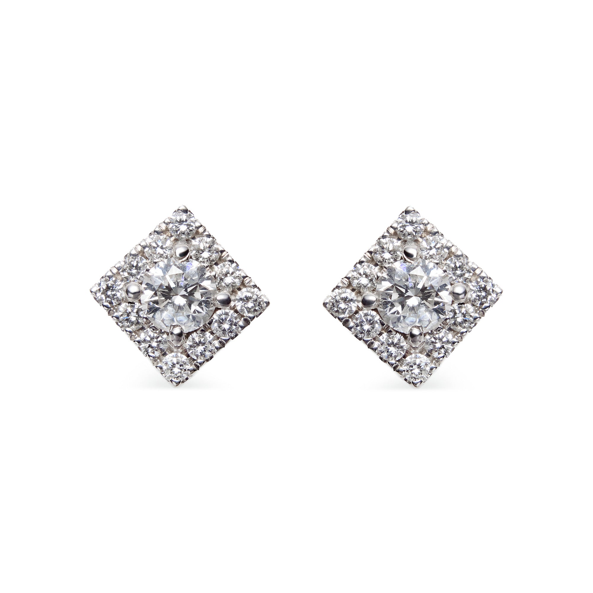 Elegant square diamond stud earrings with halo set in 18k white gold