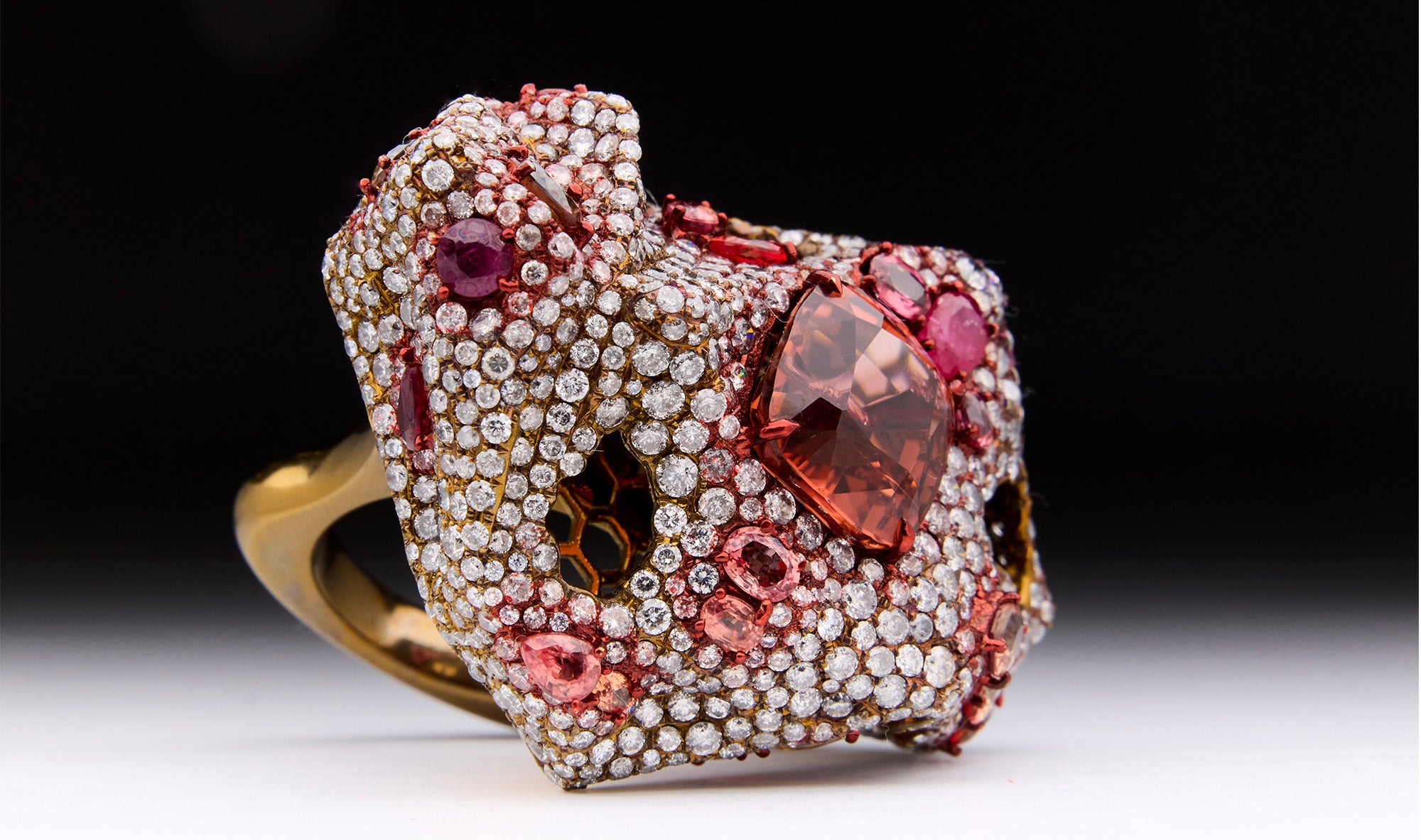 Luxury Earth Ring with tourmaline, rubies, padparadscha and orange sapphires, and diamonds in sculptural design