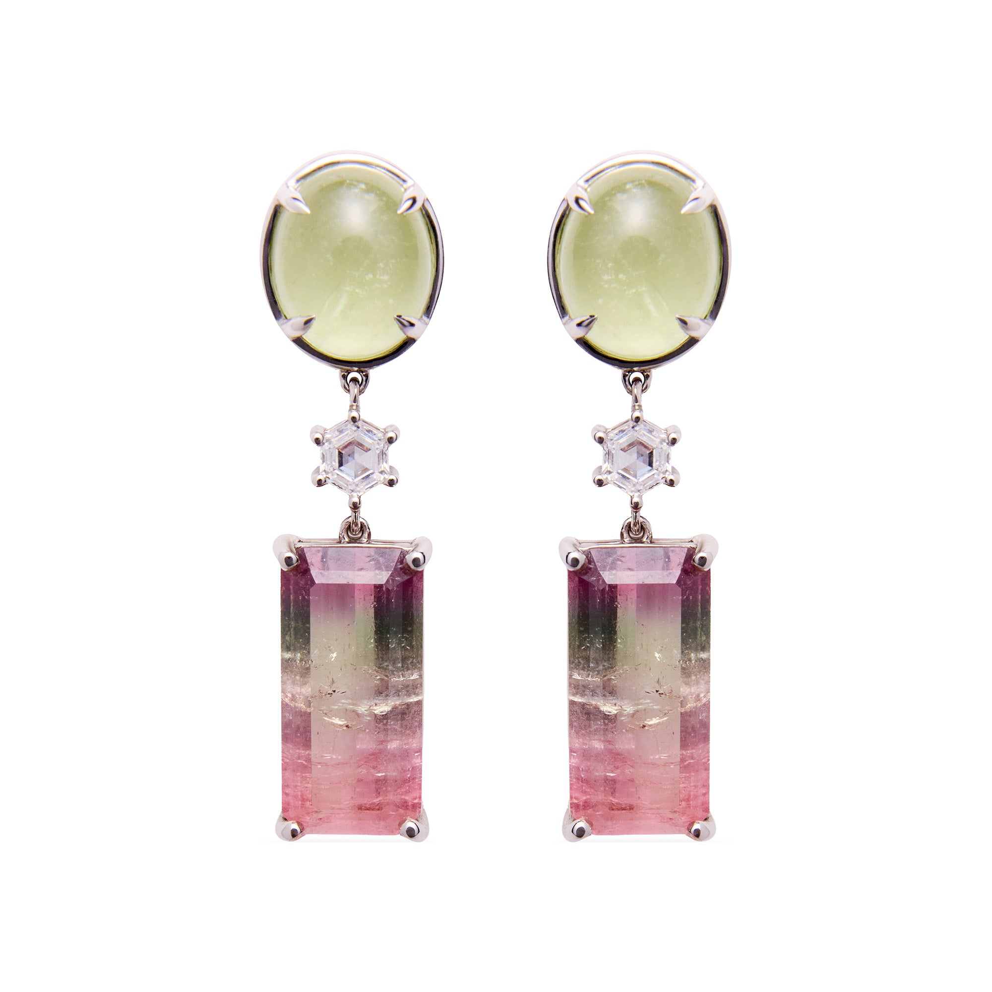 18k white gold earrings featuring aquamarine cabochon, watermelon tourmaline, and diamond