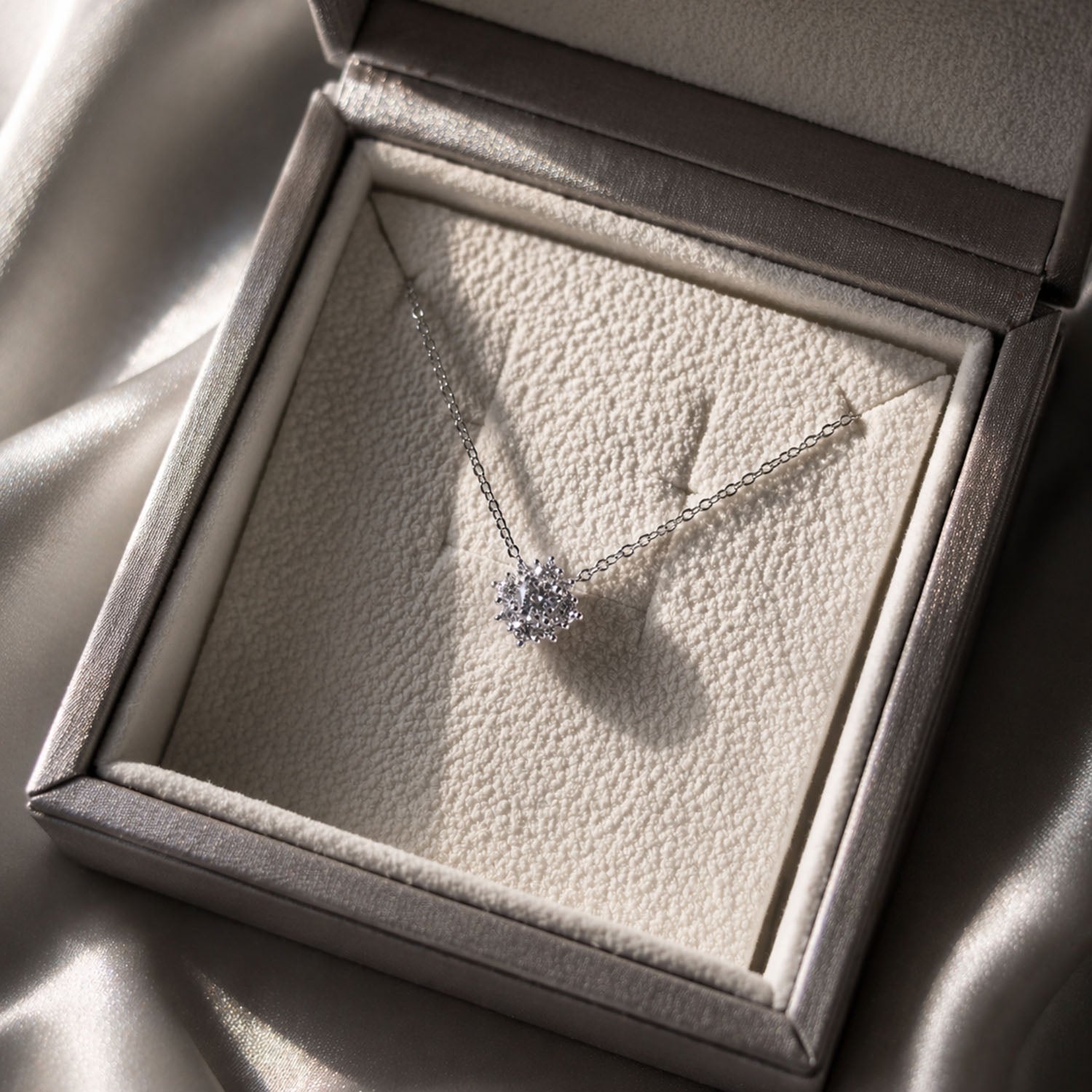 Mini snowflake diamond pendant necklace white gold, round diamond cluster snowflake design elegant everyday fine jewellery in Faith Jewels box.