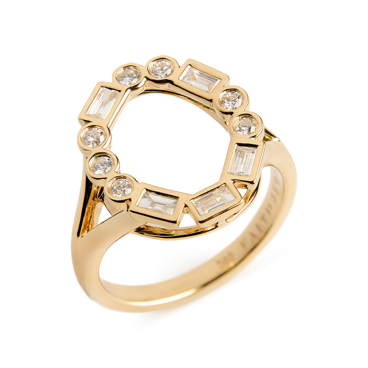 Morse Code LOVE pinky ring in 14k yellow gold, oval diamond design, baguette and round diamonds, delicate symbolic jewellery