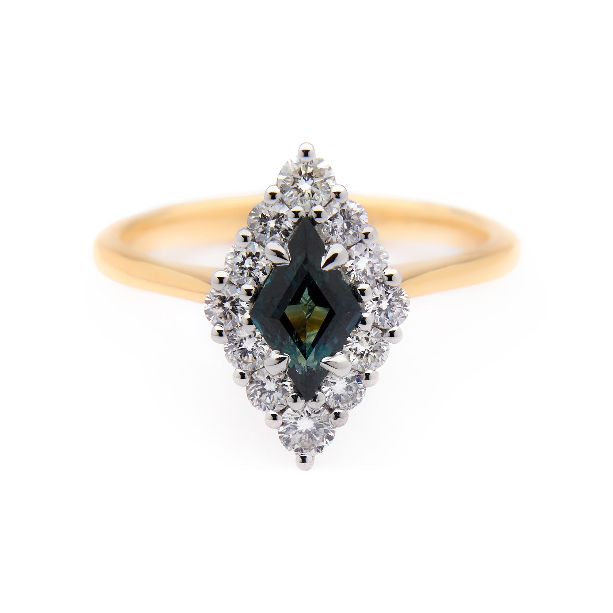 Adeline-inspired sapphire ring featuring lozenge blue sapphire and diamond halo