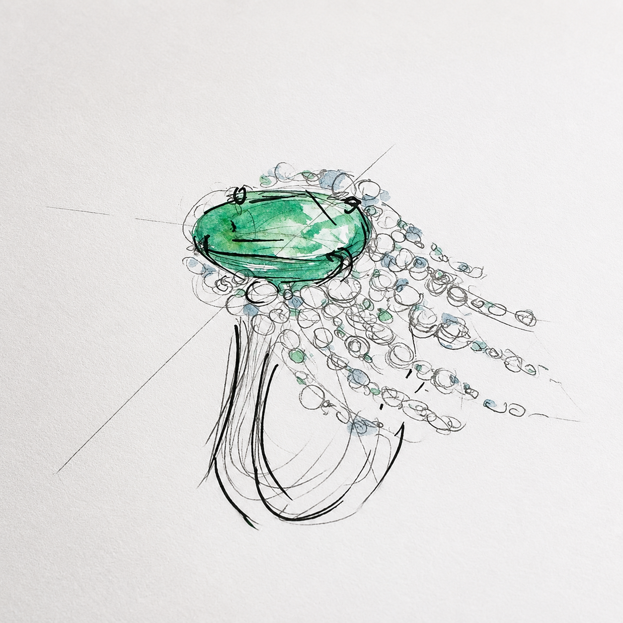 Sketch of the Waterfall ring with streams of blue sapphires, green sapphires, and white diamonds cascade organically across the hand, echoing the rhythm of water catching light as it moves over stone.