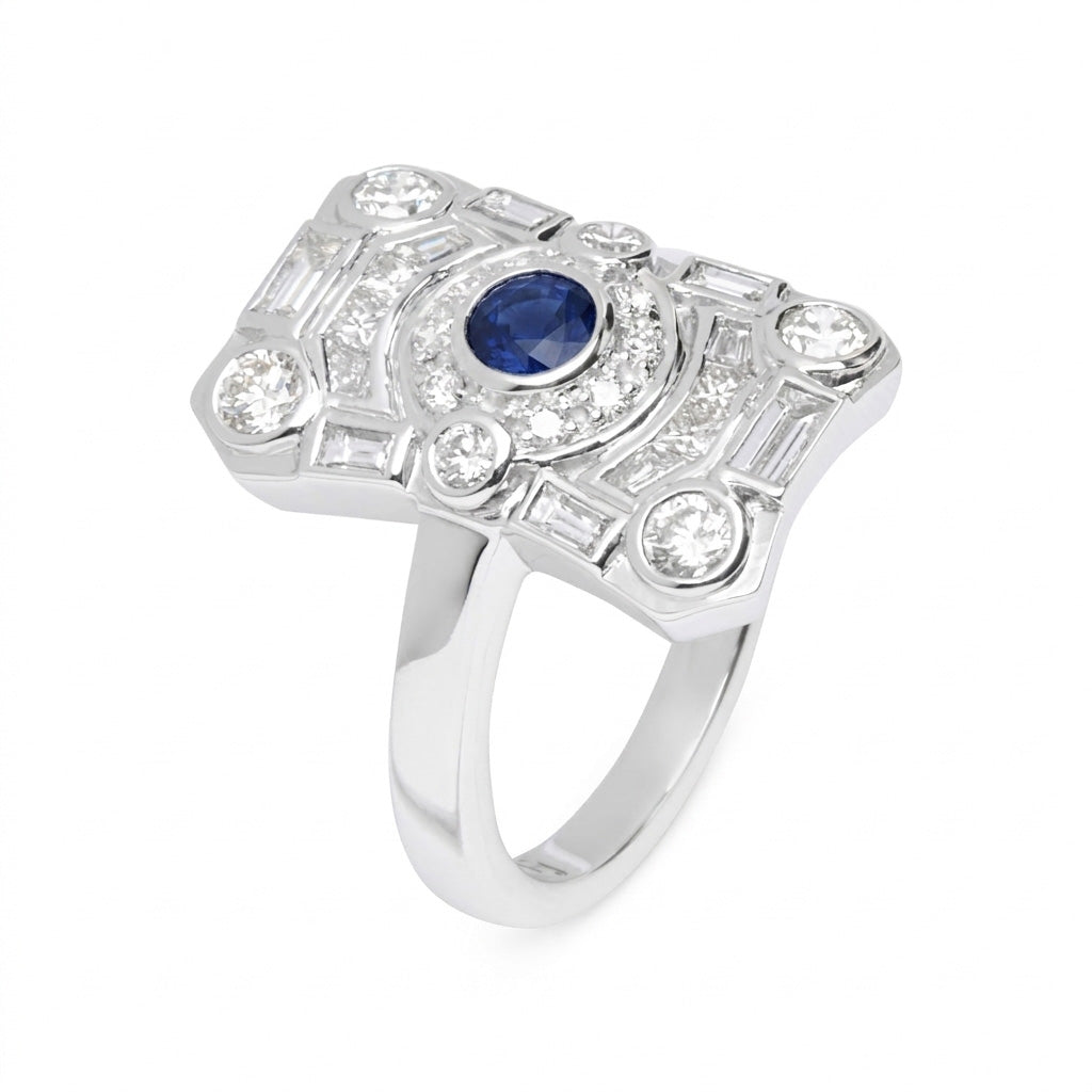 Deco diamond ring Art Deco inspired 18k white gold, 1.50ct sapphire and mixed cut diamonds geometric vintage style low profile ring