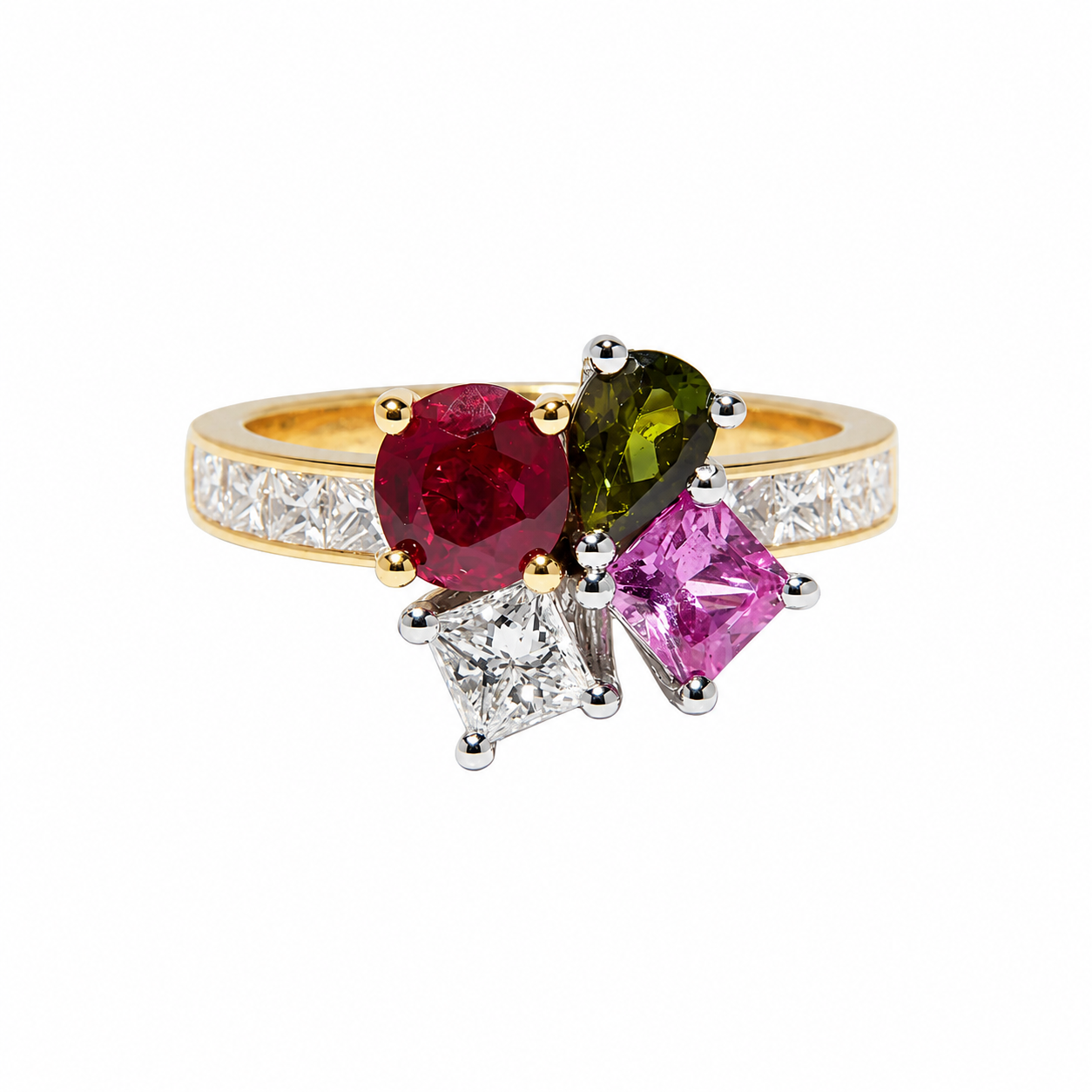 Gold ring with colourful gemstones and diamonds on a white background