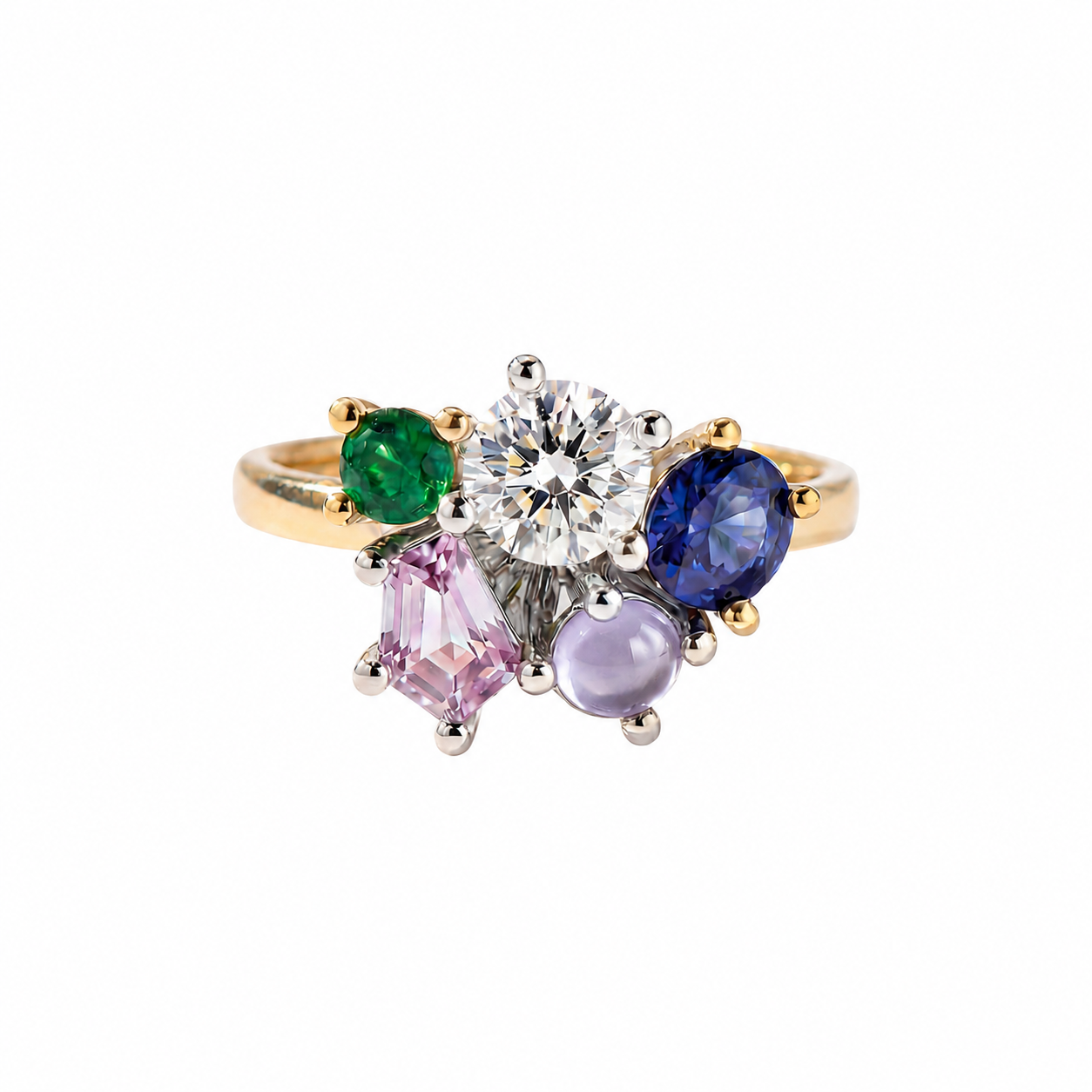 Ring with multicolored gemstones on a white background
