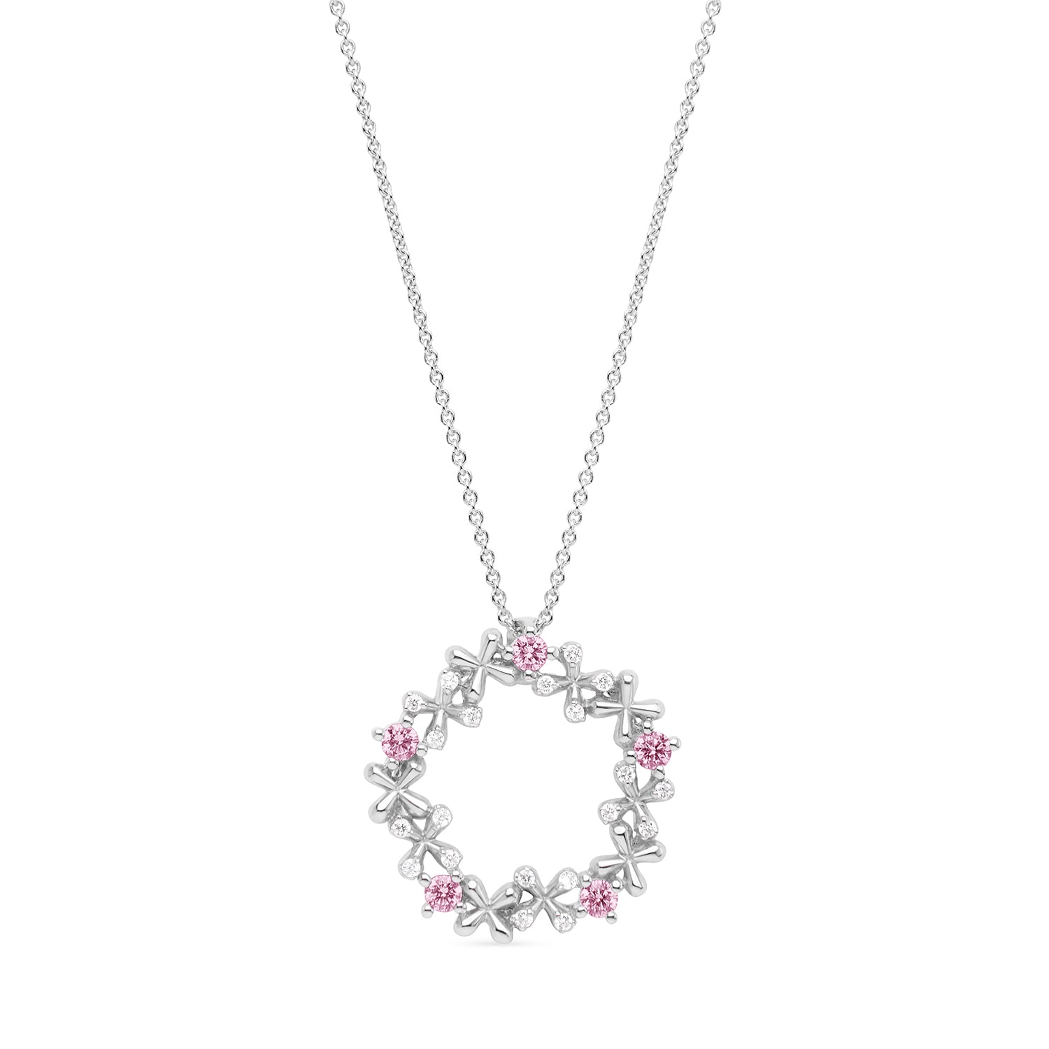 Wildflowers Mini Diamond & Pink Sapphires Wreath Pendant - White Gold
