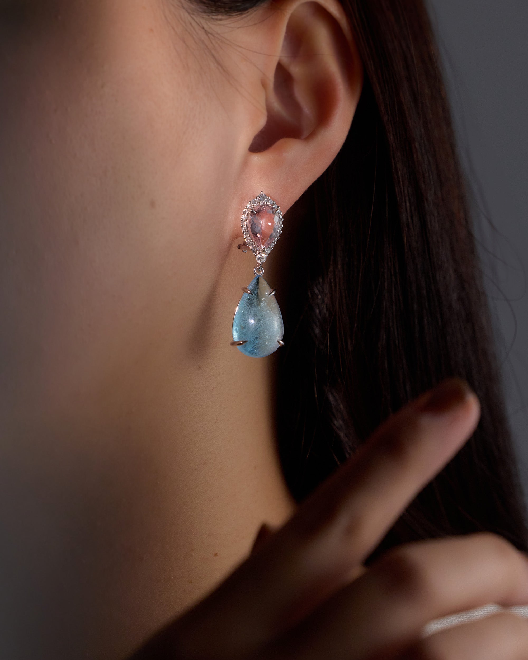 Morganite & Aquamarine Drop Earrings in 14k white gold with diamond halos, featuring pear-shaped gemstones in blush and ocean blue.