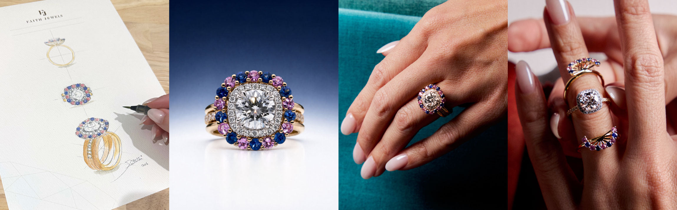 Faith Jewels bespoke diamond and sapphire ring stack — design sketches on paper alongside the finished yellow gold cushion-cut diamond halo ring with pink and blue sapphire surround, shown as a product shot and styled worn on two hands, Faith Jewels Australia.